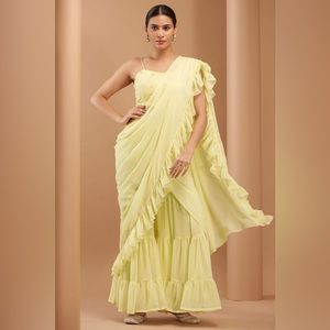 pre-stitched saree set in lemon yellow